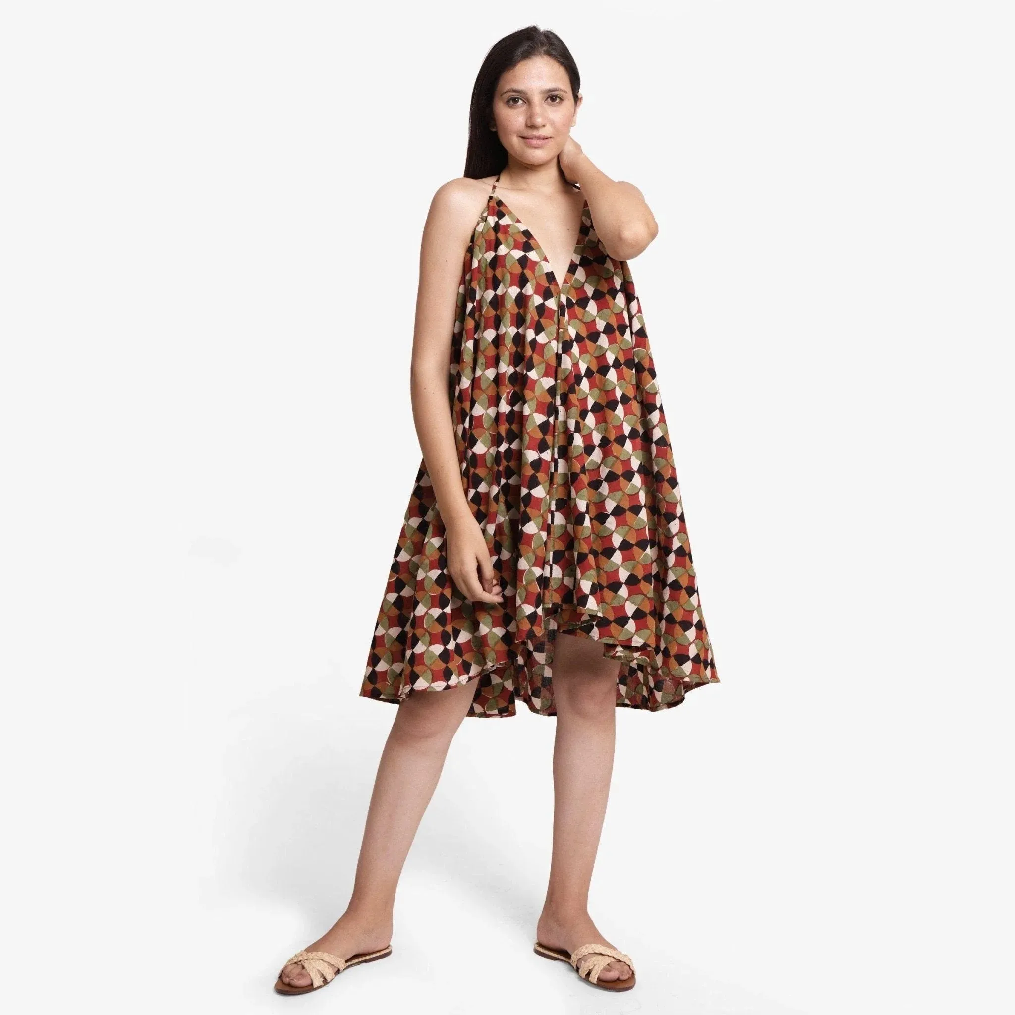 3-Way Convertible Block Print Cotton Circular Skirt Dress