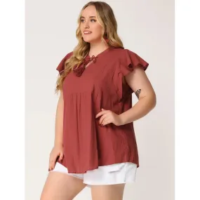 Agnes Orinda Women's Plus Size Flowy Tunic Peplum Bow Tie V-Neck Ruffle