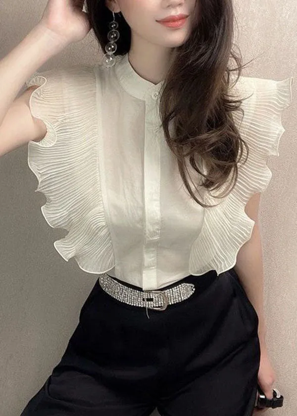 Apricot Patchwork Chiffon Shirt Tops Ruffled Slim Fit Summer LY3864