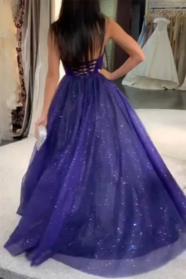 Beautiful Royal Blue Sparkling Tulle A-line Satin Top Long Prom Dress, SP601