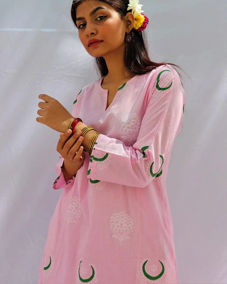 Bloom Pink Chand Block Printed Cotton Kurta Set - Fos