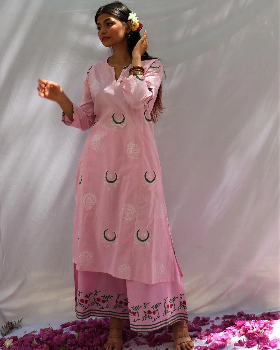 Bloom Pink Chand Block Printed Cotton Kurta Set - Fos