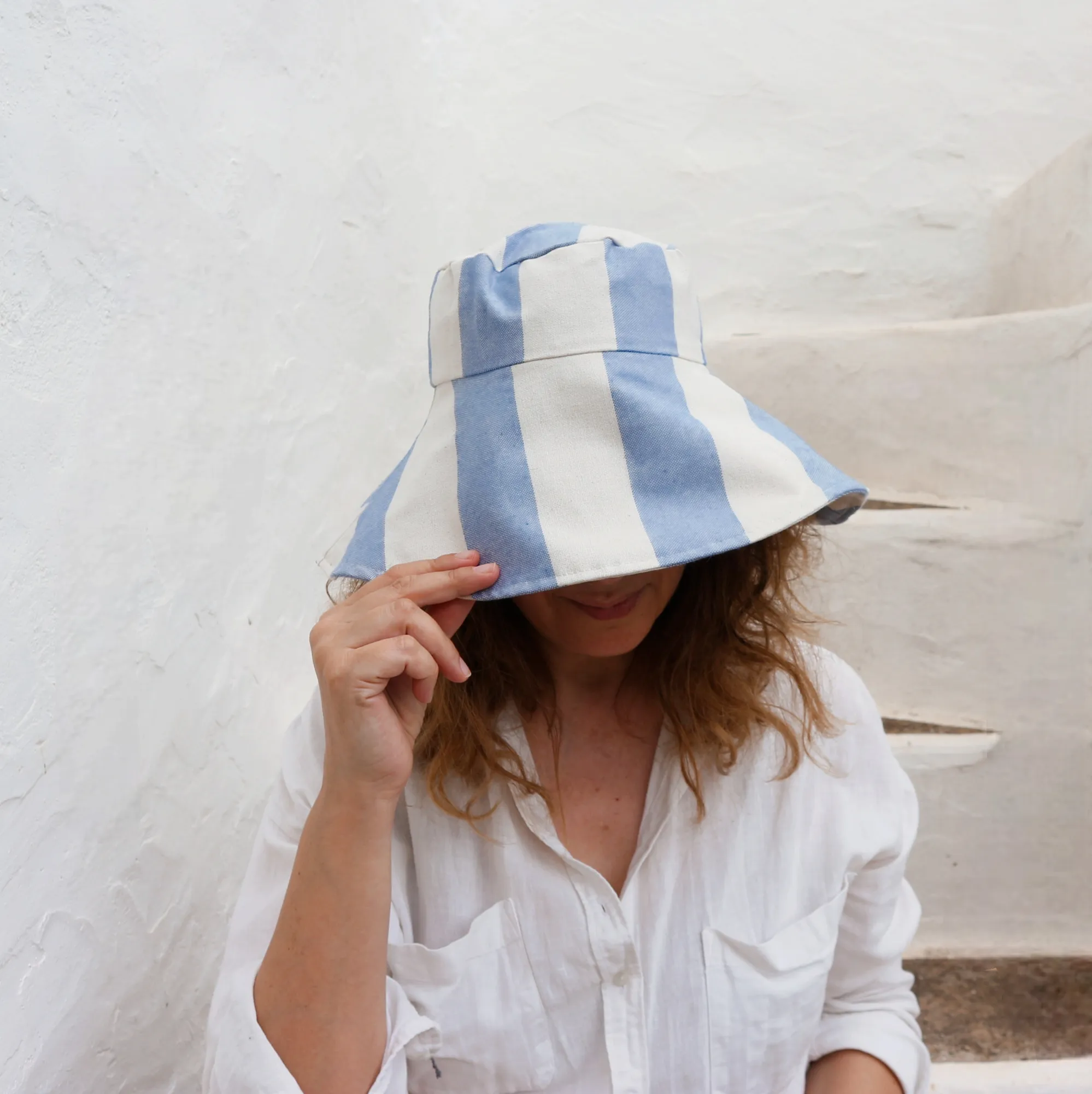 Blue & White Striped Wide Brim Hat