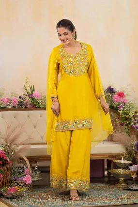 Bright Yellow Embroidered Raw Silk Palazzo Set