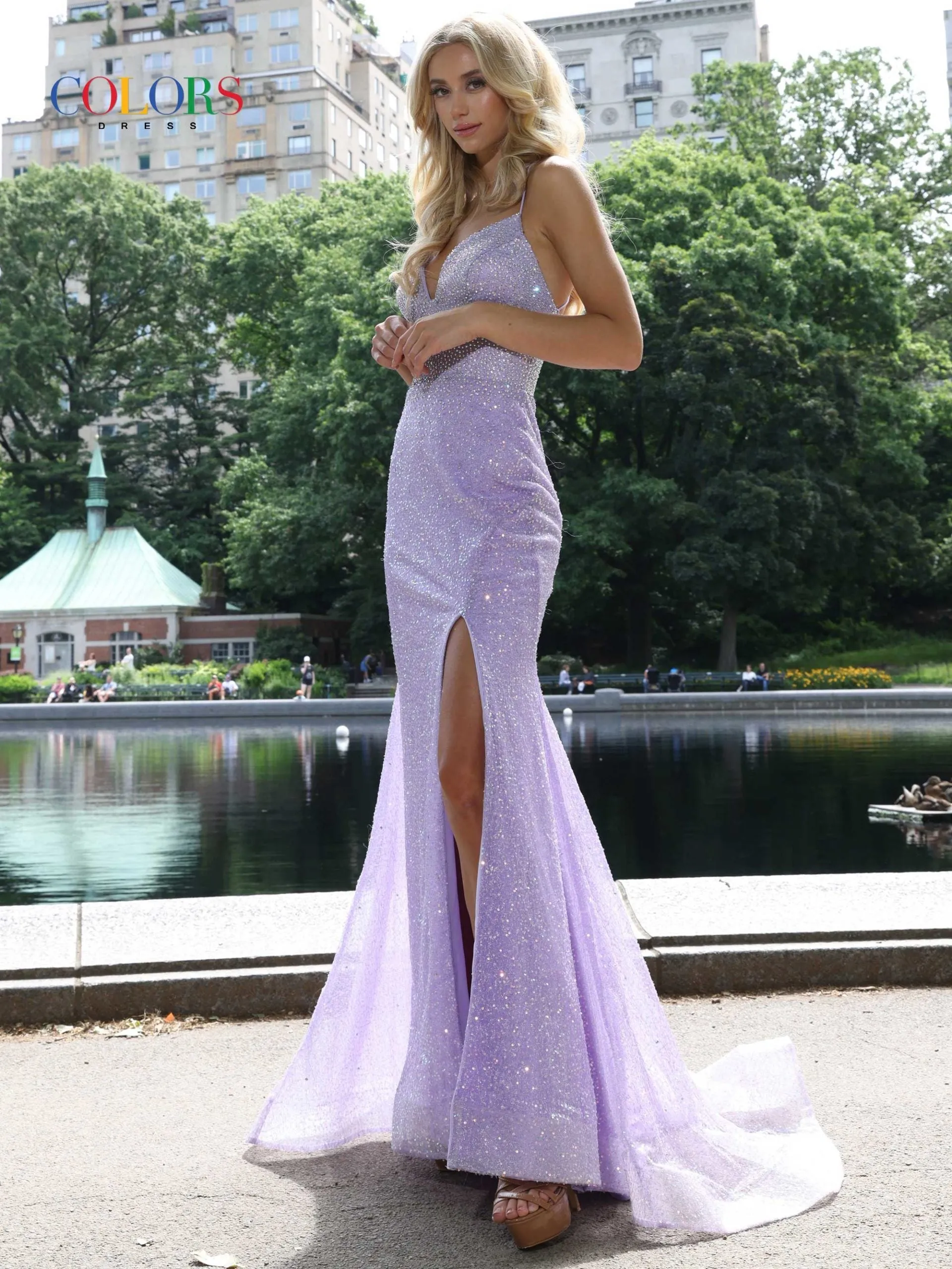 Colors Dress 2951 size 4 Lavender Prom Dress Fitted Sequins Long Flared Train