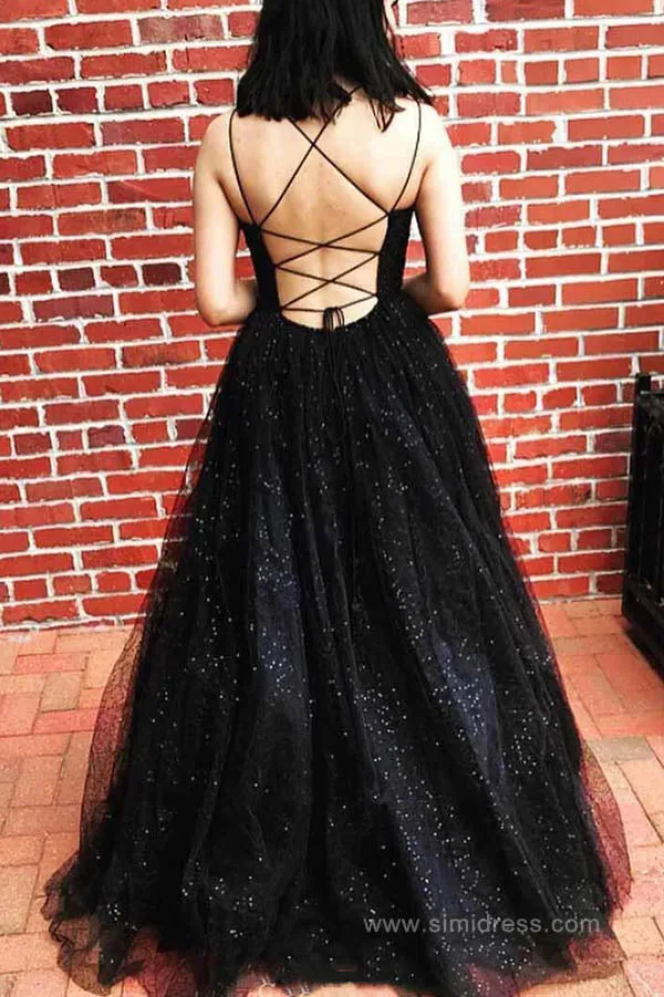 Cute Sparkly Black Tulle Scoop Neck Ball Gown Cross Back Prom Dresses, SP582