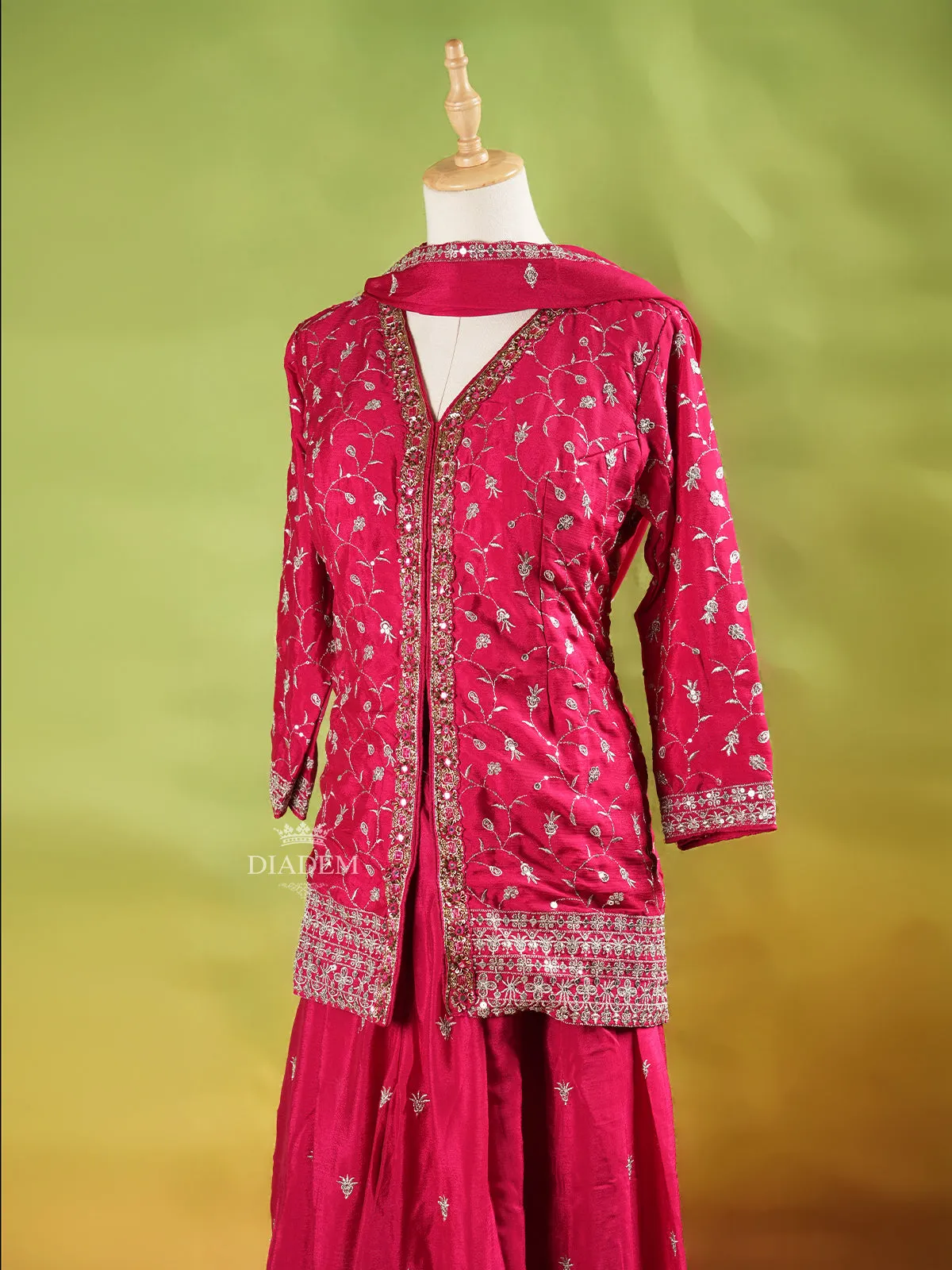 Dark Pink Palazzo Suit Adorned with Floral Embroidery, With Dupatta and 3/4 Sleeve