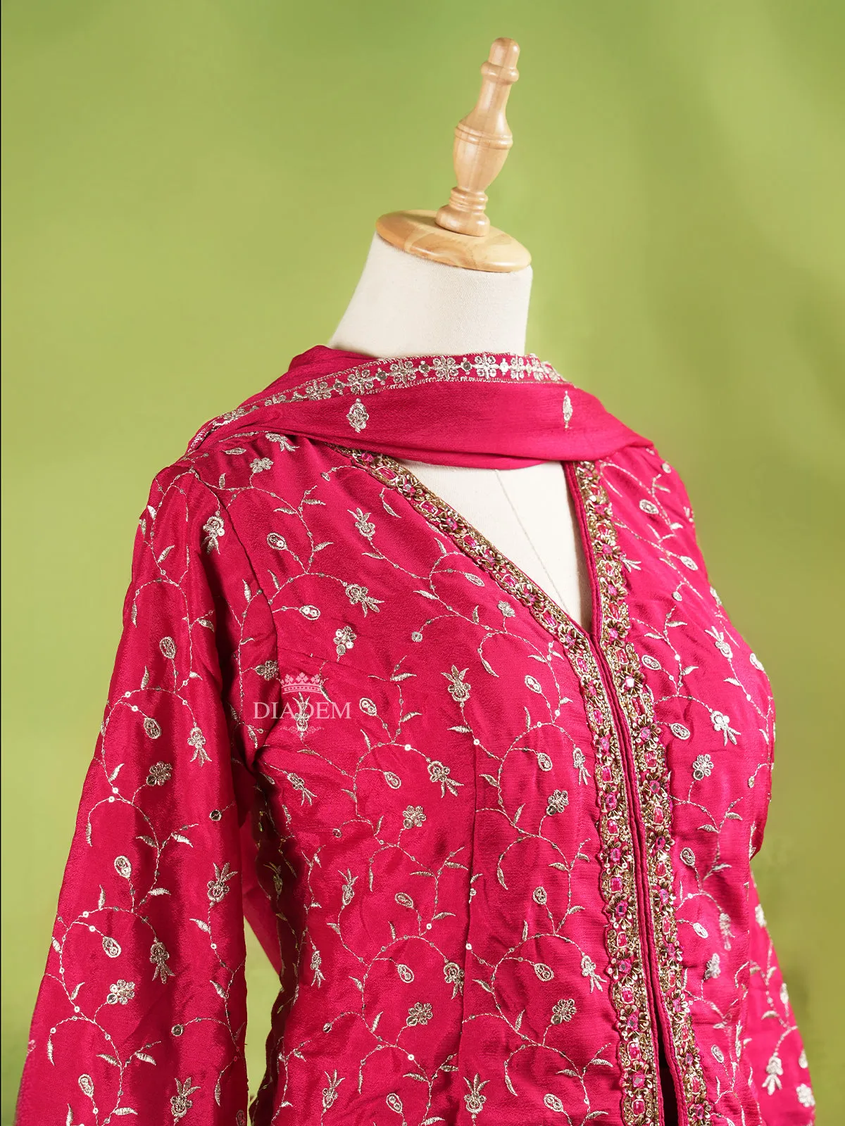 Dark Pink Palazzo Suit Adorned with Floral Embroidery, With Dupatta and 3/4 Sleeve