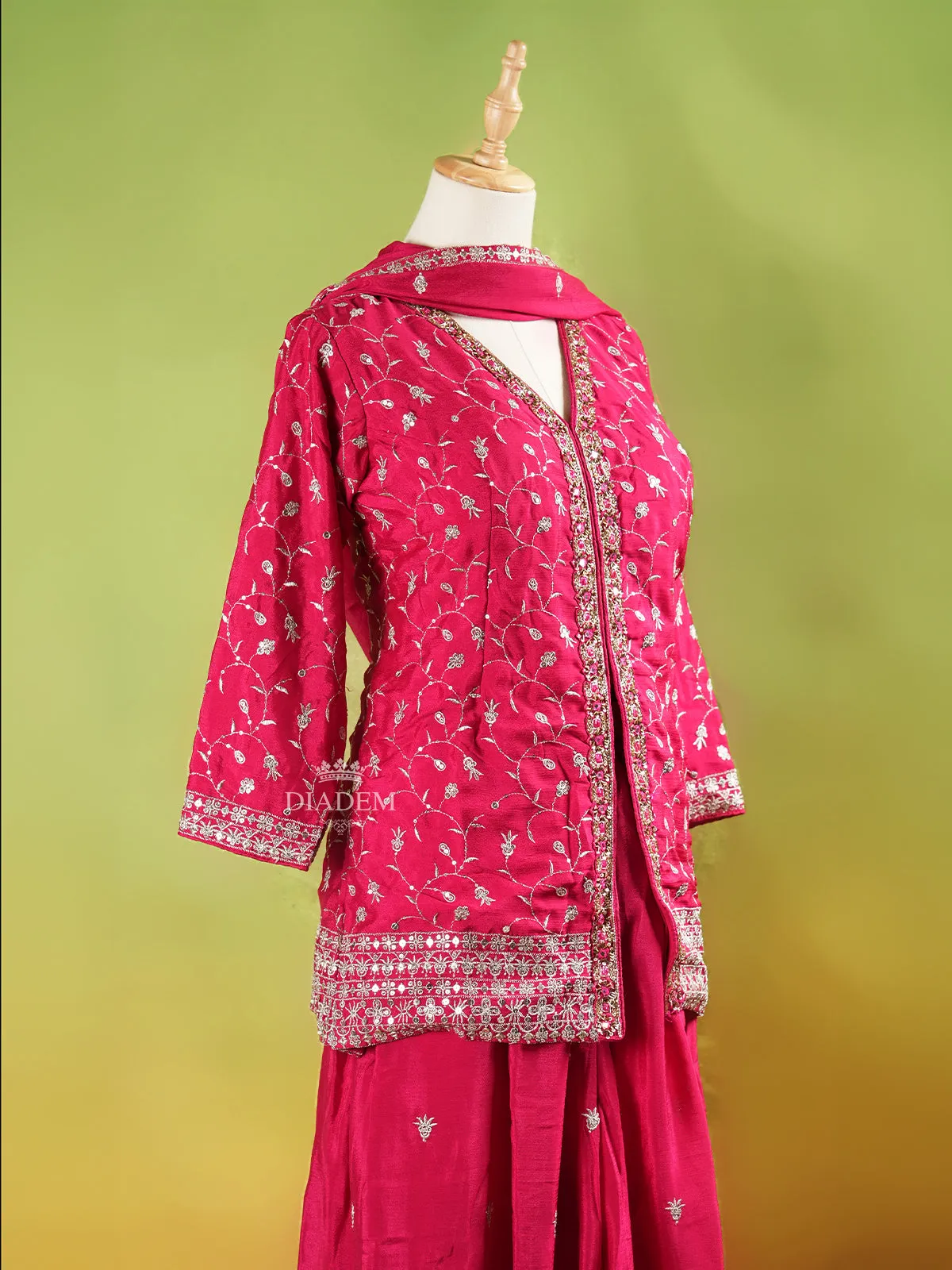 Dark Pink Palazzo Suit Adorned with Floral Embroidery, With Dupatta and 3/4 Sleeve