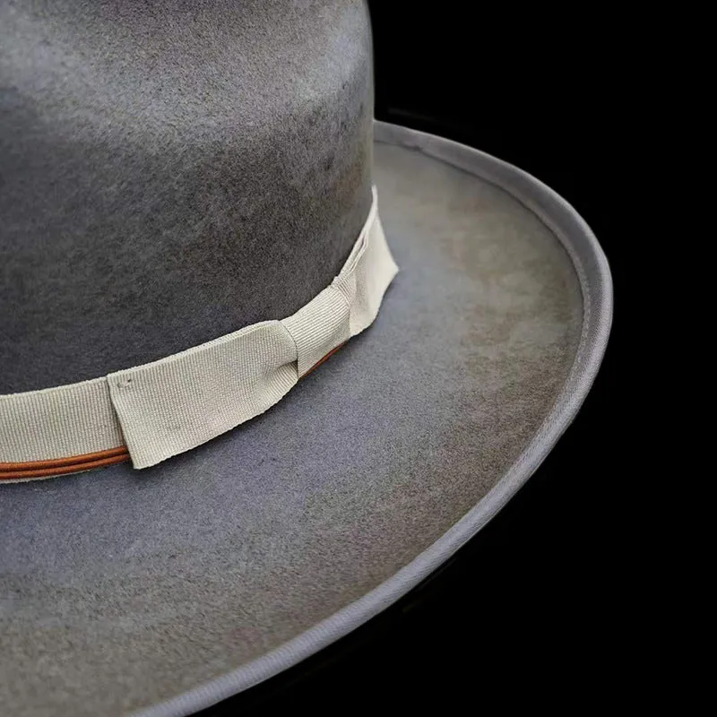 Distressed Fedora in Dark Brown with Red Band around the Edge Tied with White Cord