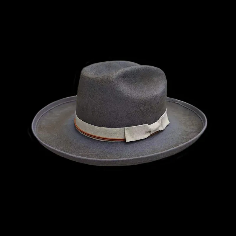 Distressed Fedora in Dark Brown with Red Band around the Edge Tied with White Cord