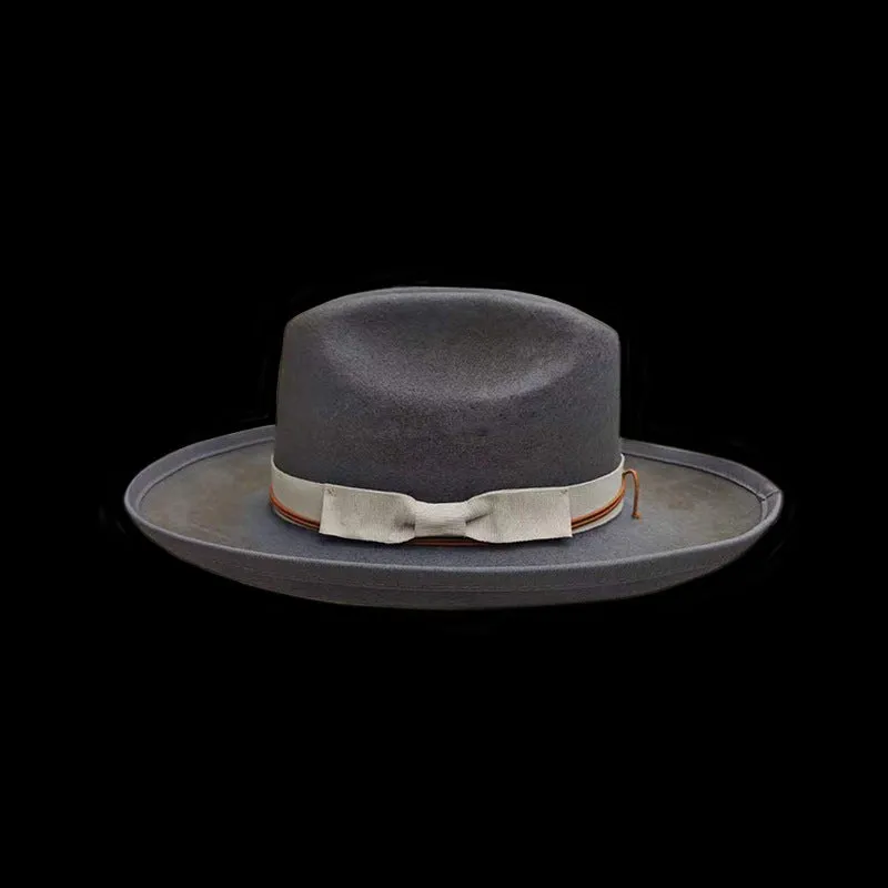 Distressed Fedora in Dark Brown with Red Band around the Edge Tied with White Cord