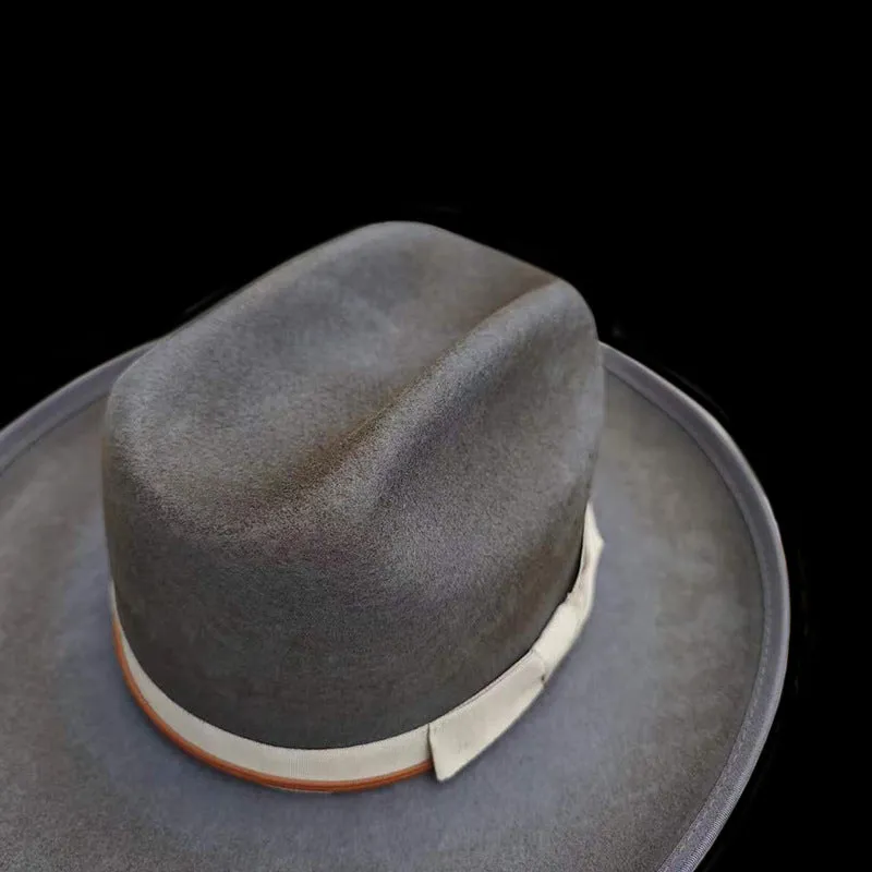 Distressed Fedora in Dark Brown with Red Band around the Edge Tied with White Cord