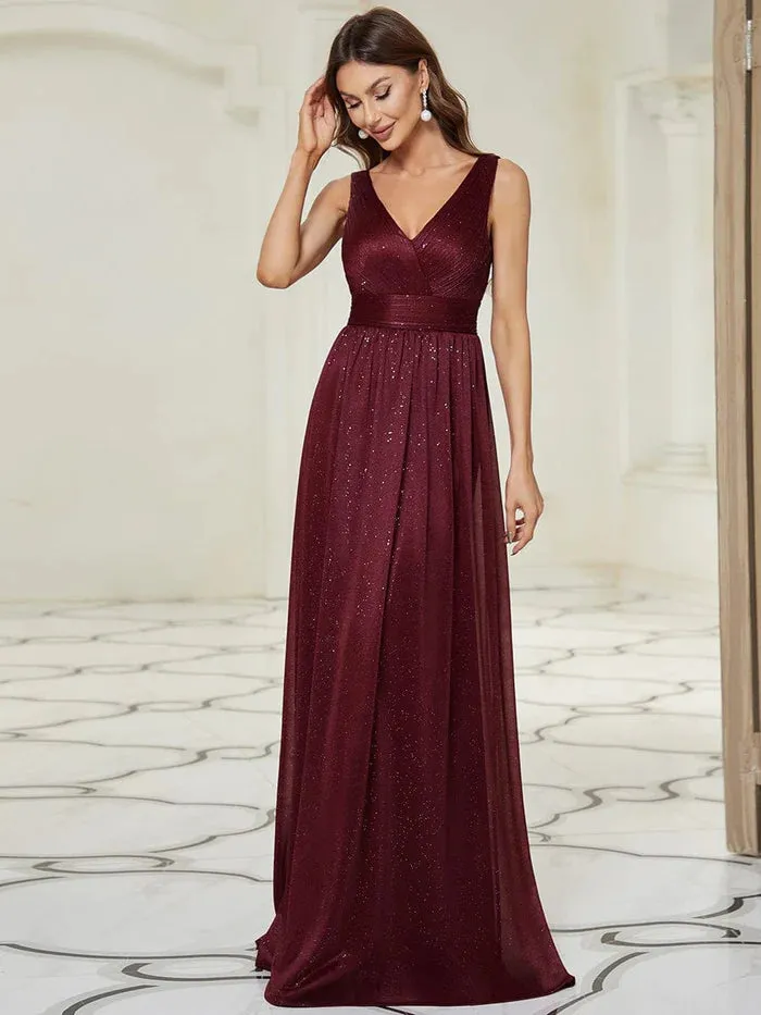 Double V Neck Floor Length Sparkly Evening Dresses for Party