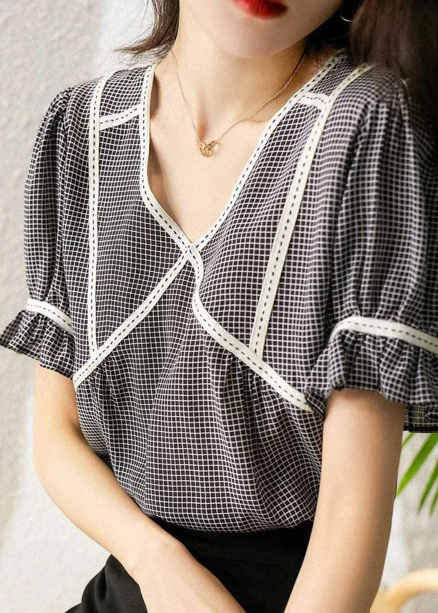 Elegant Small Plaid Ruffled Patchwork Silk Tops Summer LY0072