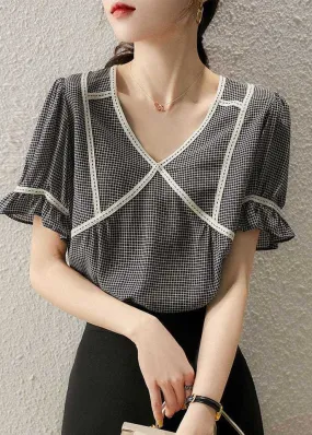 Elegant Small Plaid Ruffled Patchwork Silk Tops Summer LY0072