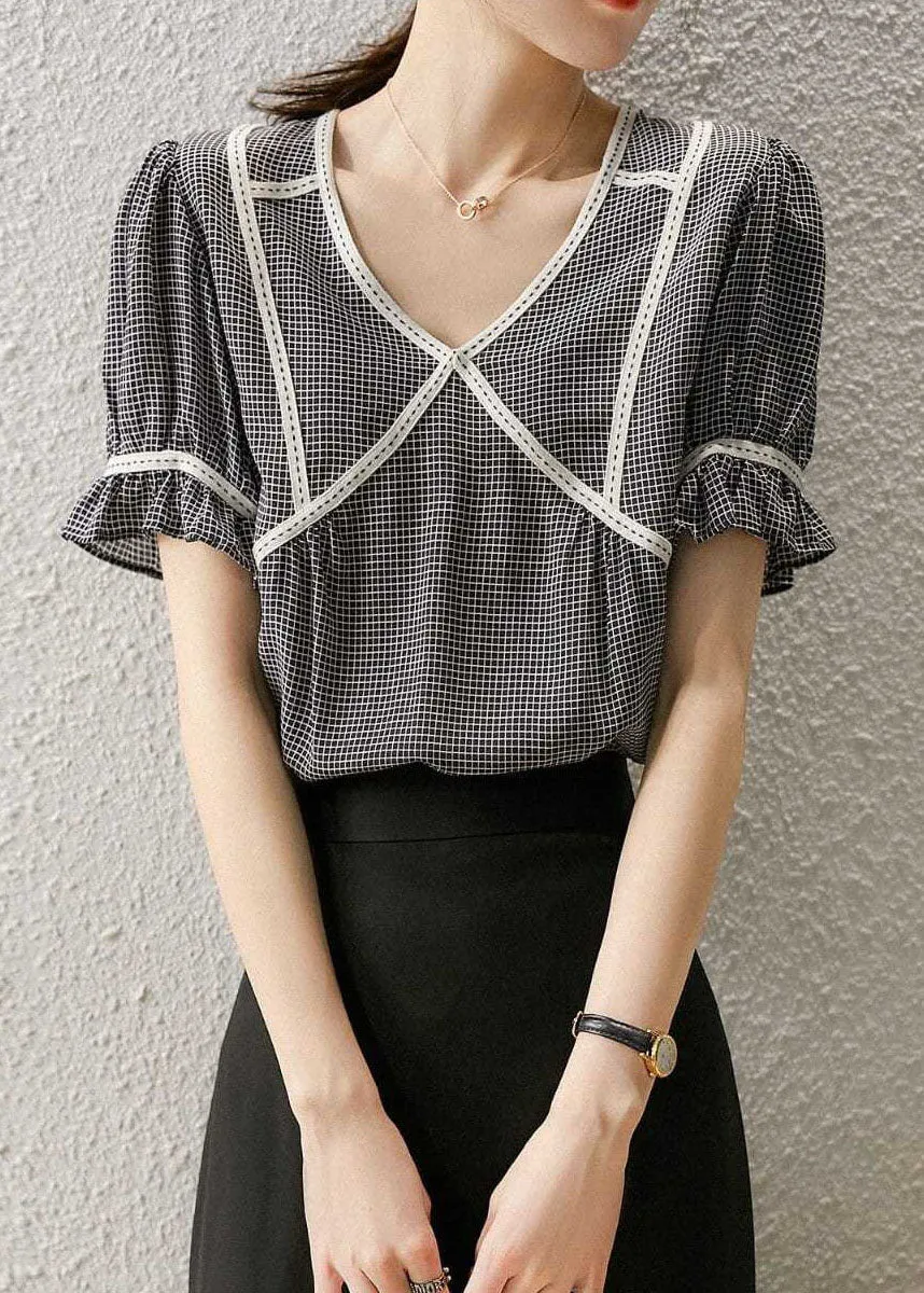 Elegant Small Plaid Ruffled Patchwork Silk Tops Summer LY0072