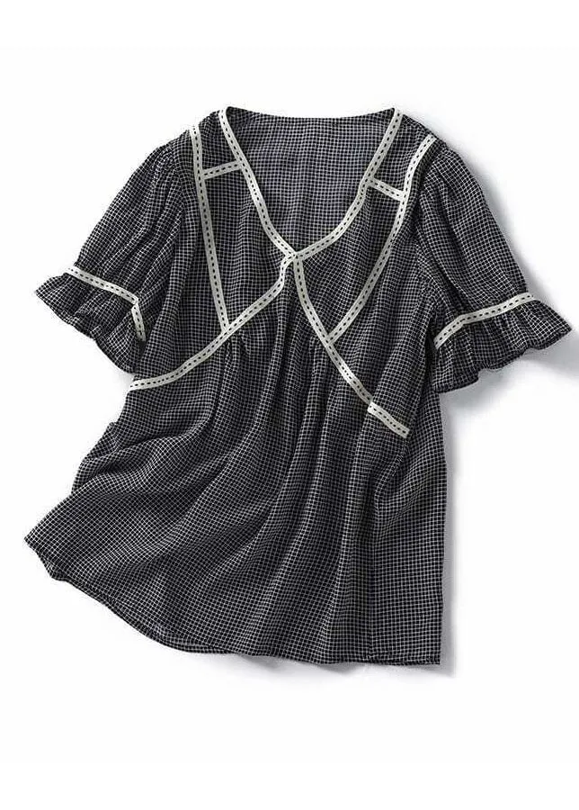 Elegant Small Plaid Ruffled Patchwork Silk Tops Summer LY0072