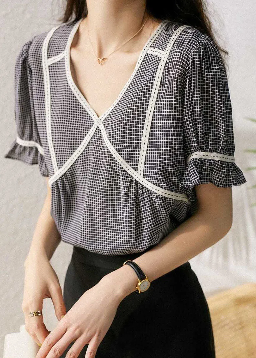 Elegant Small Plaid Ruffled Patchwork Silk Tops Summer LY0072