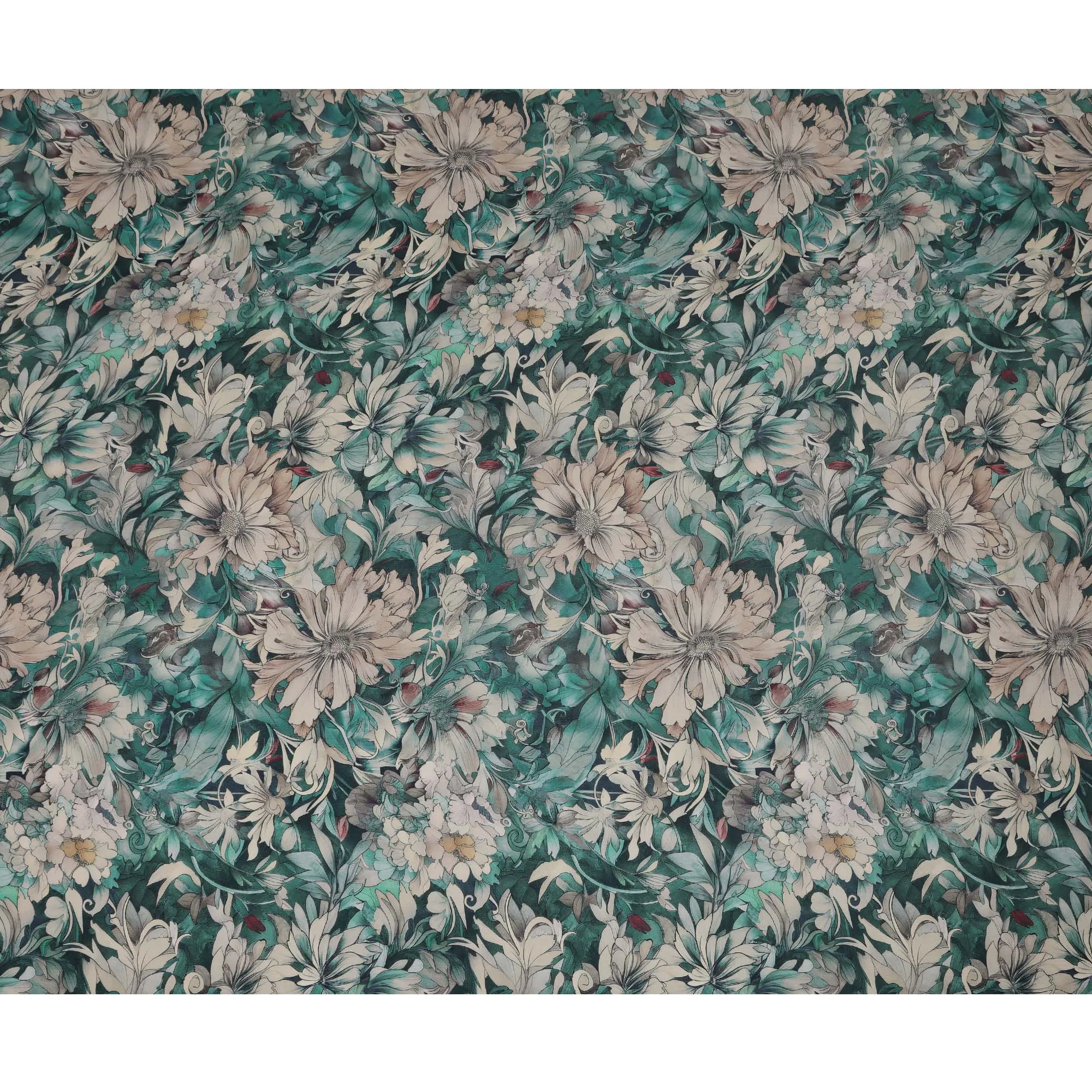 Emerald Green Viscose Digital Printed Fabric with Botanical Floral Design, 110 cm Width-D21315