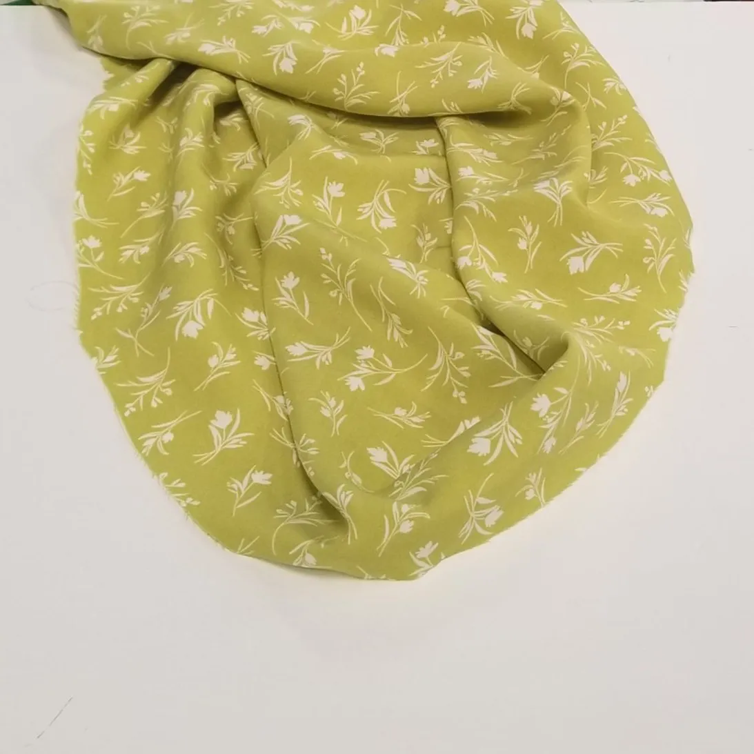 End of Bolt: 3 yards of Designer Deadstock Rayon Challis Floral Lime Green and Ivory Woven-remnant