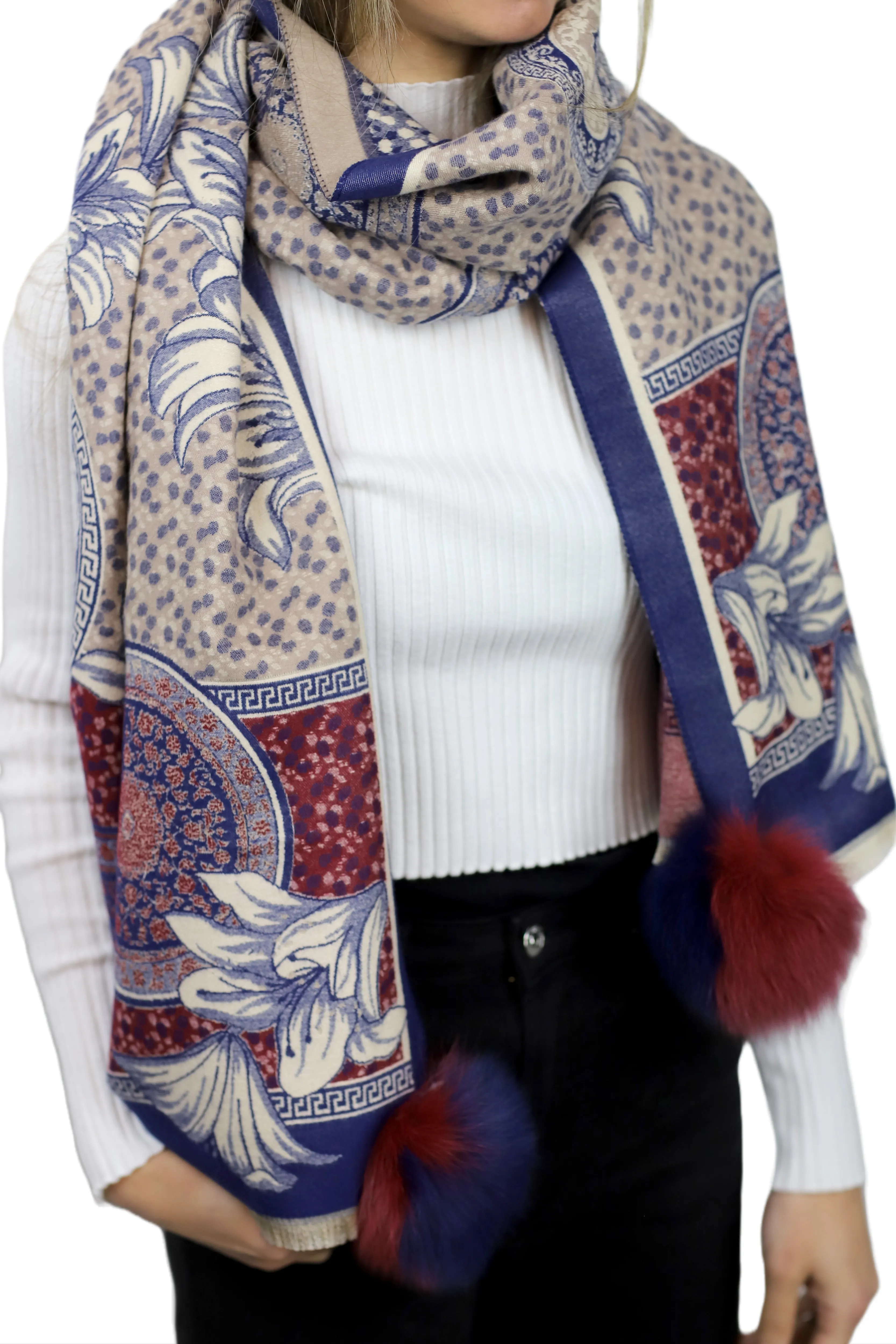 Floral & Abstract Print Wrap with Fox Poms - Navy/Wine