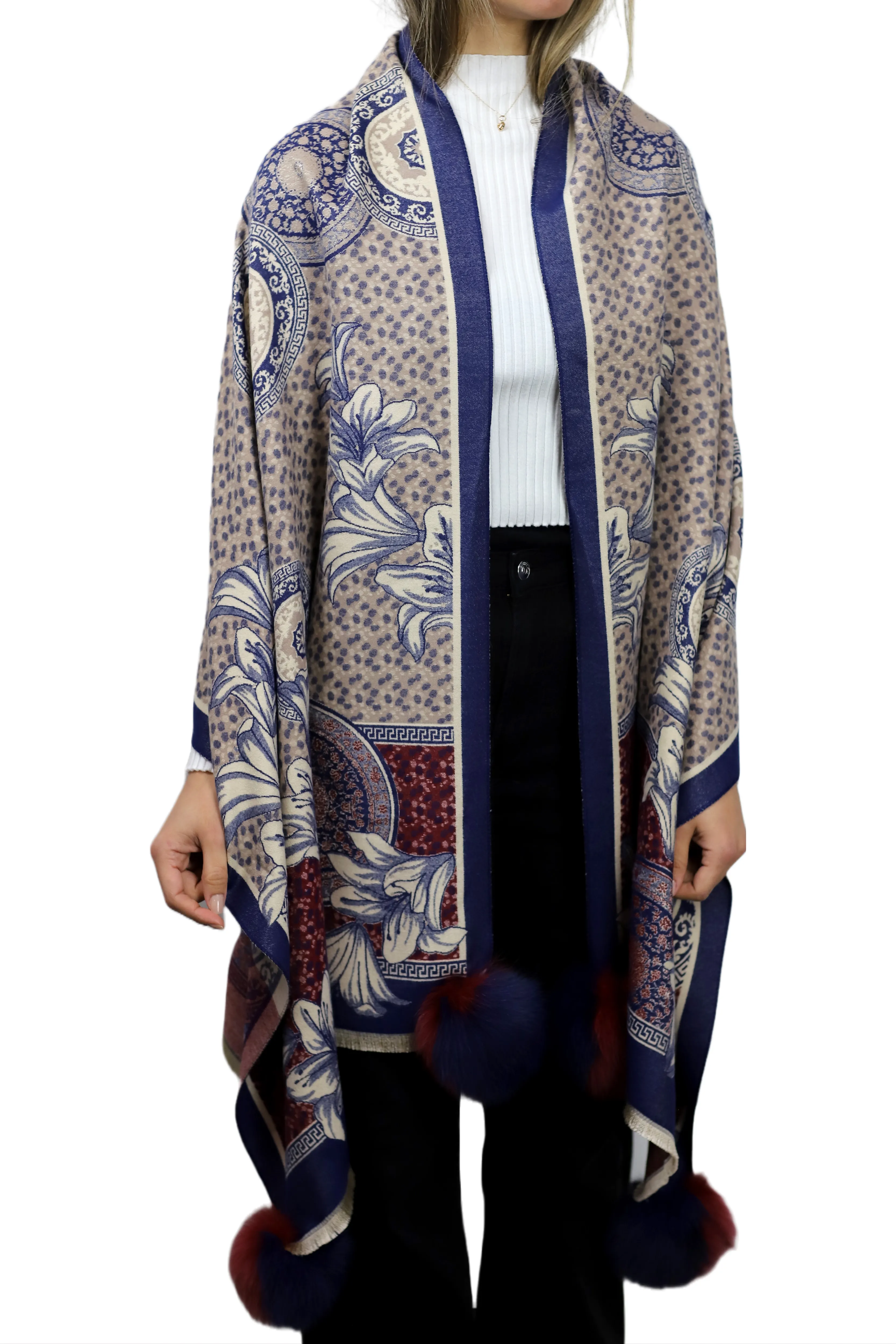 Floral & Abstract Print Wrap with Fox Poms - Navy/Wine