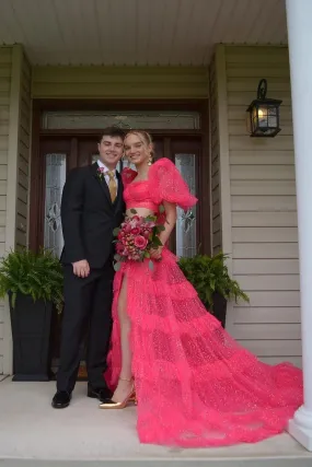 Fuchsia Two Piece Sweetehart Sparkly Tulle Long Prom Dresses