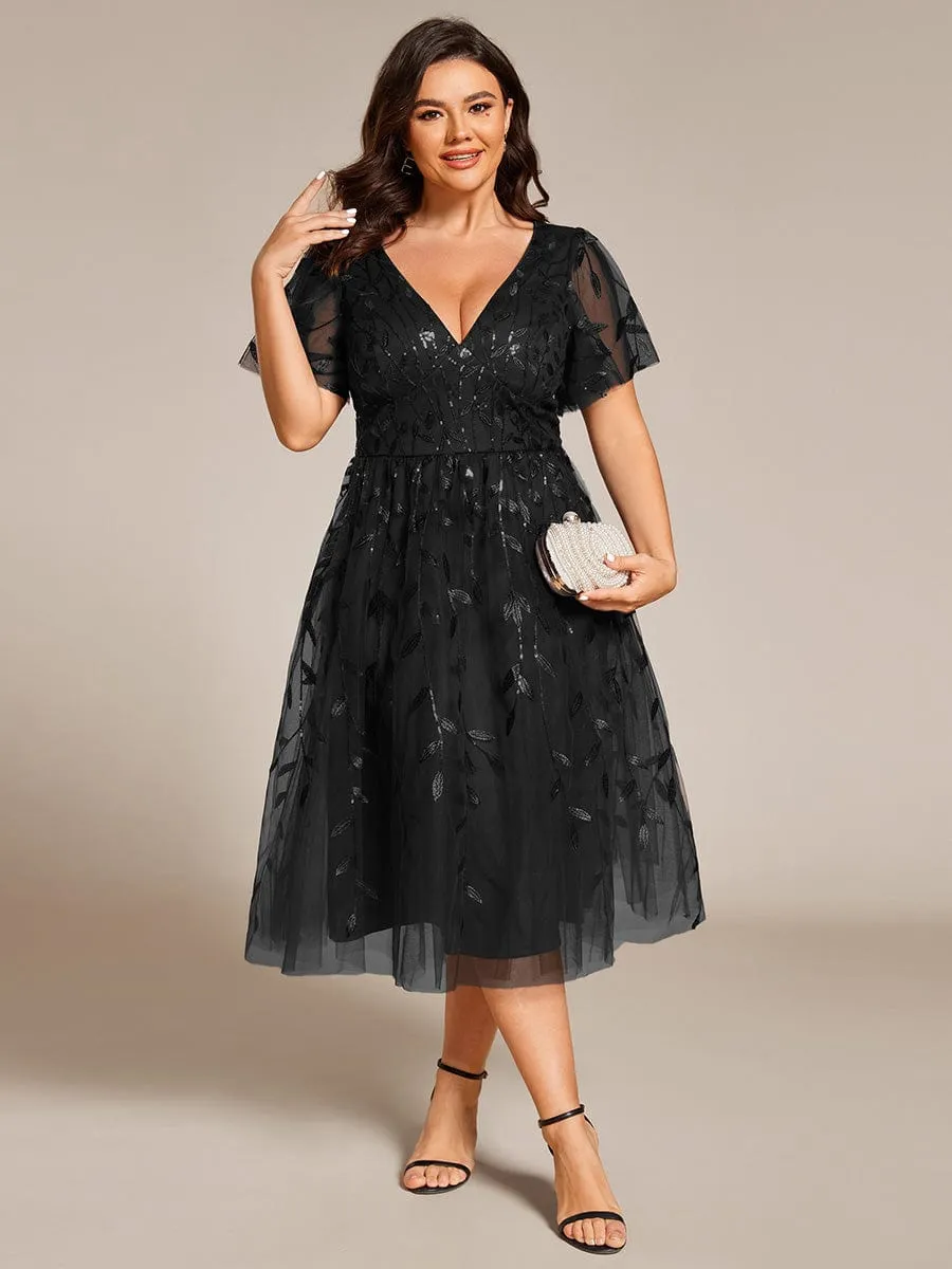 Gentle Coco | Plus Size Sparkly A-Line Midi Tulle Formal Wedding Guest Dress with Leaf Sequin