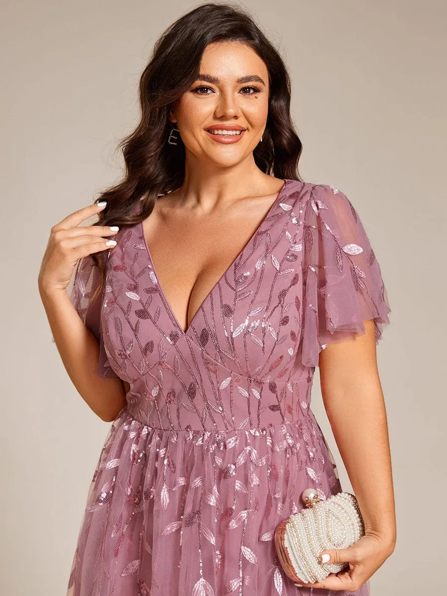 Gentle Coco | Plus Size Sparkly A-Line Midi Tulle Formal Wedding Guest Dress with Leaf Sequin