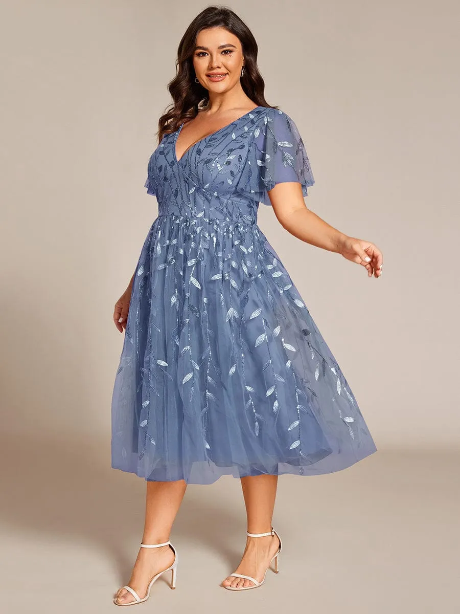 Gentle Coco | Plus Size Sparkly A-Line Midi Tulle Formal Wedding Guest Dress with Leaf Sequin