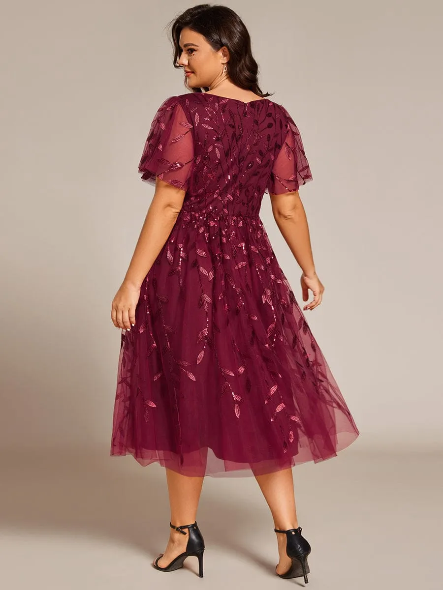 Gentle Coco | Plus Size Sparkly A-Line Midi Tulle Formal Wedding Guest Dress with Leaf Sequin