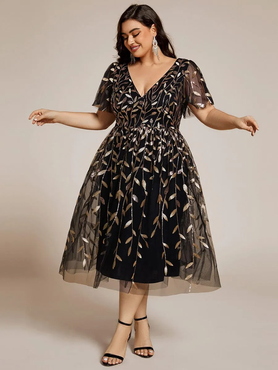 Gentle Coco | Plus Size Sparkly A-Line Midi Tulle Formal Wedding Guest Dress with Leaf Sequin