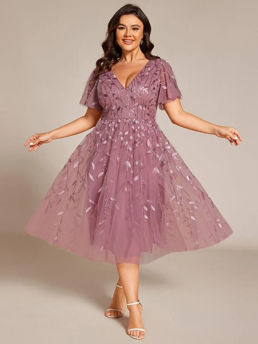 Gentle Coco | Plus Size Sparkly A-Line Midi Tulle Formal Wedding Guest Dress with Leaf Sequin