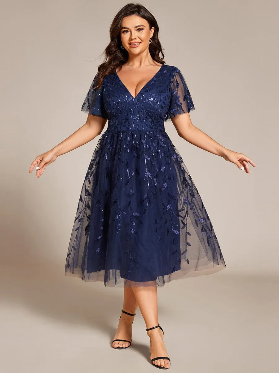 Gentle Coco | Plus Size Sparkly A-Line Midi Tulle Formal Wedding Guest Dress with Leaf Sequin