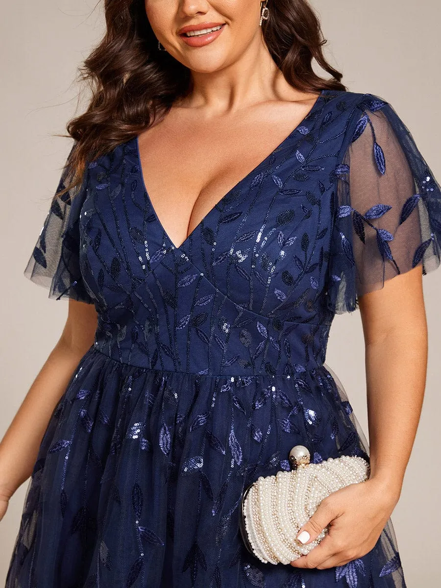 Gentle Coco | Plus Size Sparkly A-Line Midi Tulle Formal Wedding Guest Dress with Leaf Sequin