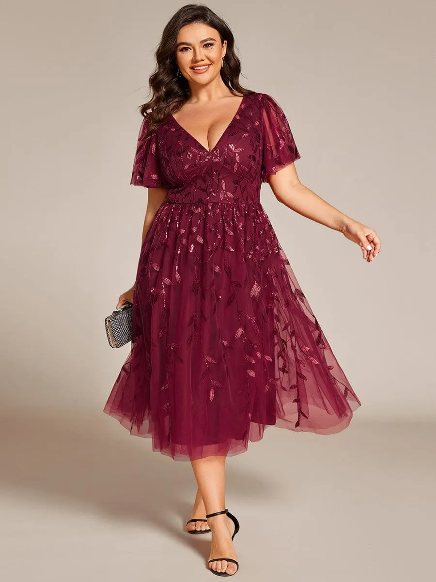 Gentle Coco | Plus Size Sparkly A-Line Midi Tulle Formal Wedding Guest Dress with Leaf Sequin