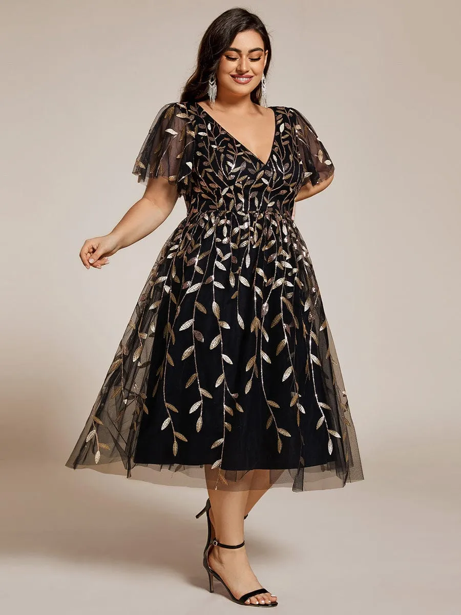 Gentle Coco | Plus Size Sparkly A-Line Midi Tulle Formal Wedding Guest Dress with Leaf Sequin