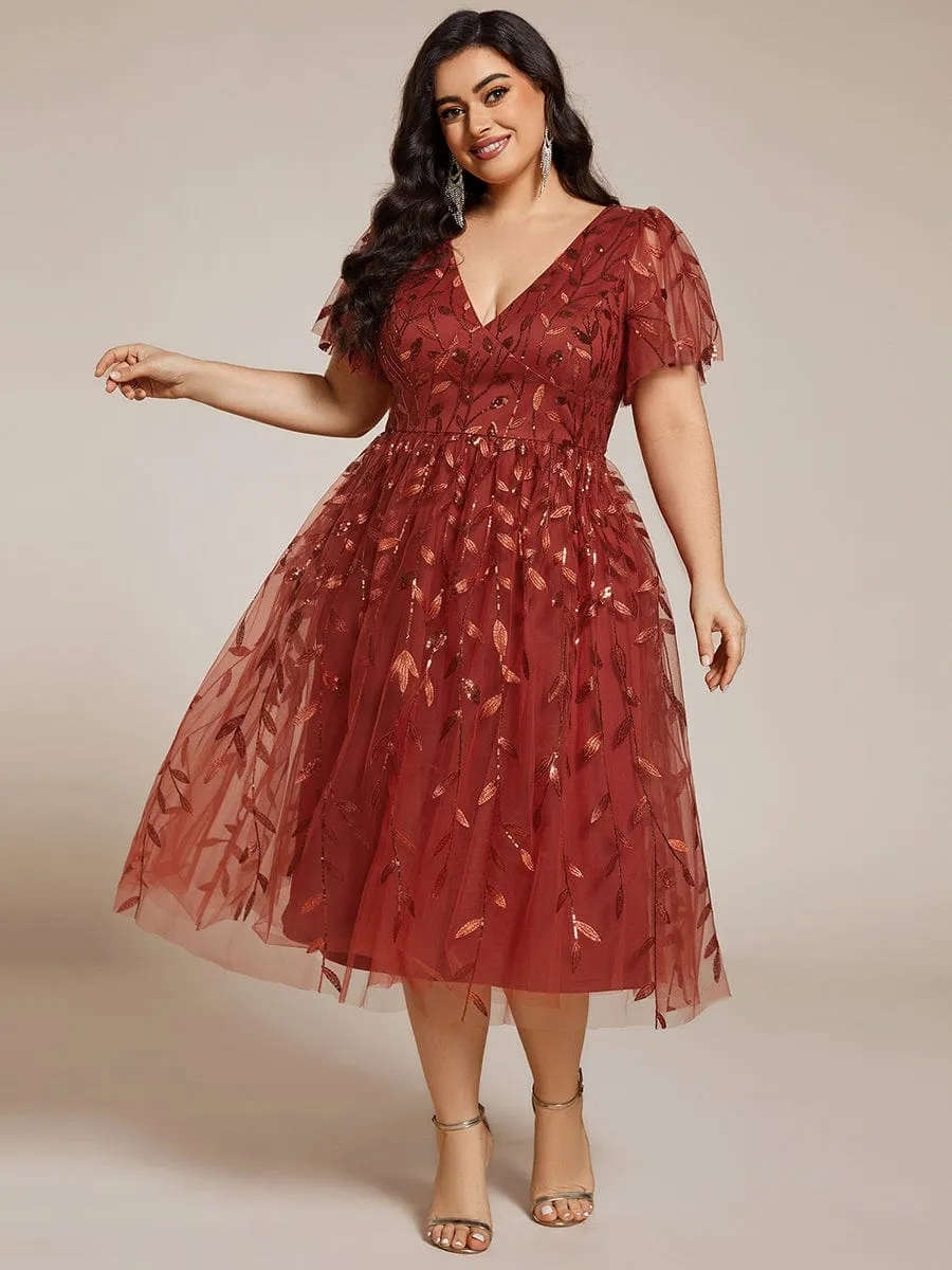 Gentle Coco | Plus Size Sparkly A-Line Midi Tulle Formal Wedding Guest Dress with Leaf Sequin