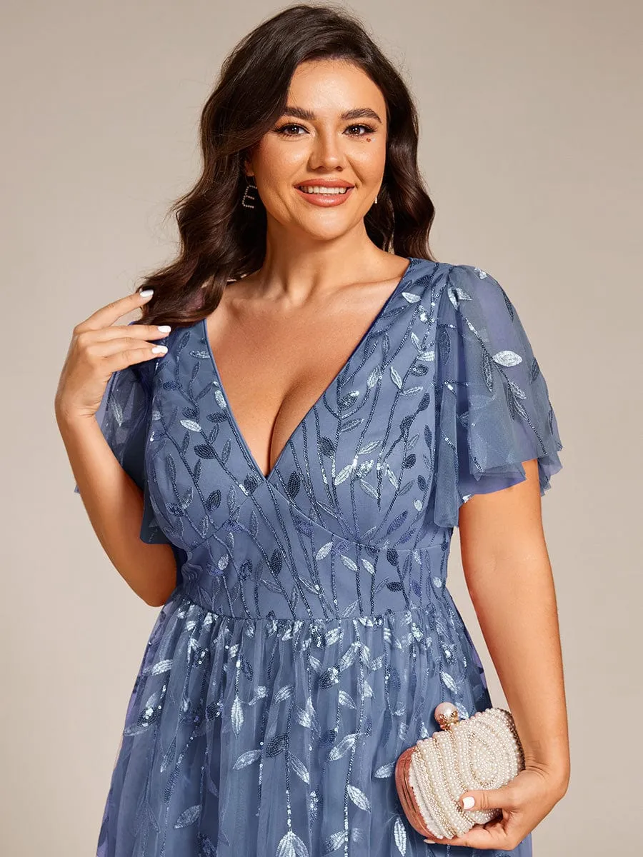 Gentle Coco | Plus Size Sparkly A-Line Midi Tulle Formal Wedding Guest Dress with Leaf Sequin