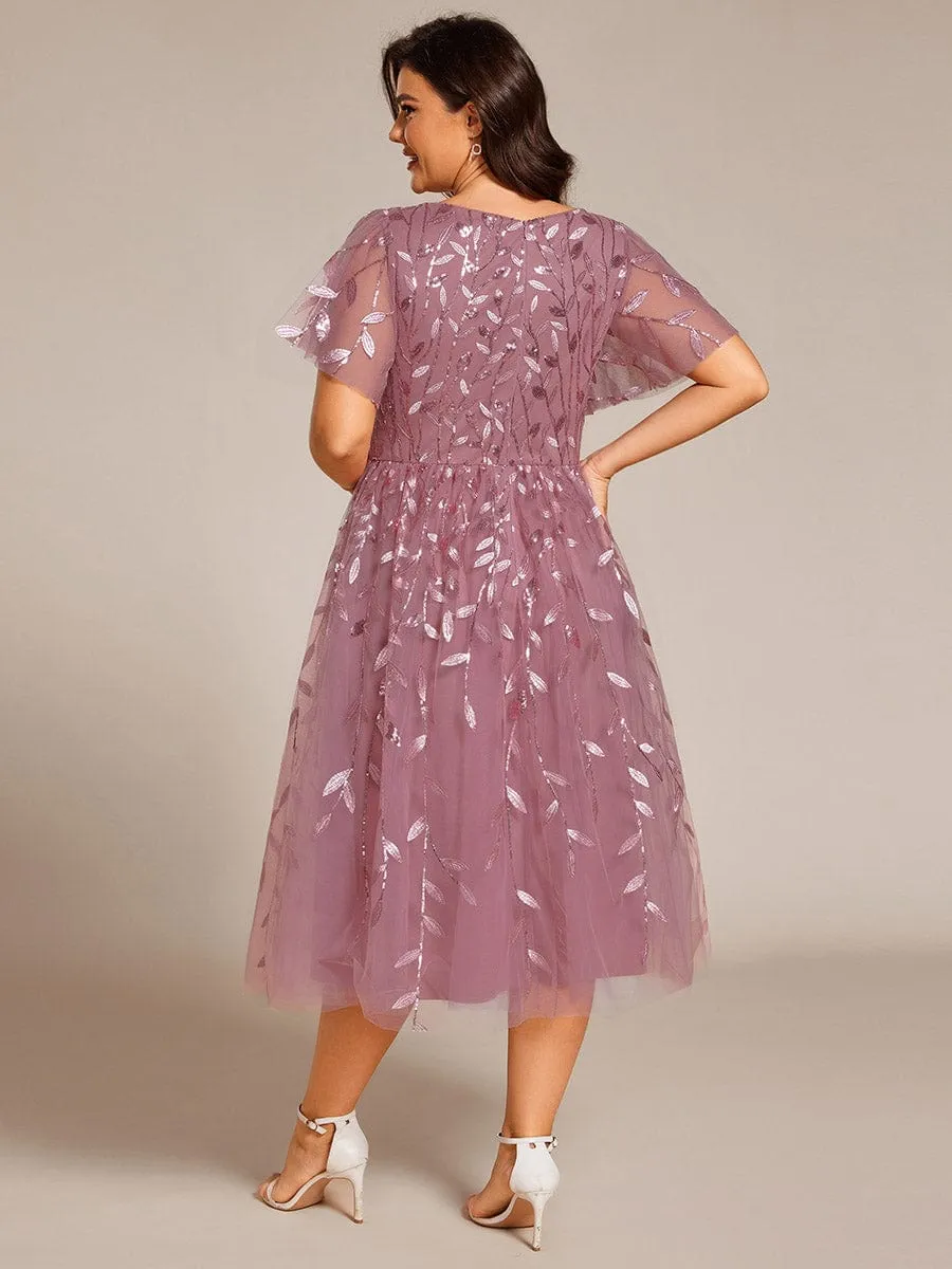 Gentle Coco | Plus Size Sparkly A-Line Midi Tulle Formal Wedding Guest Dress with Leaf Sequin