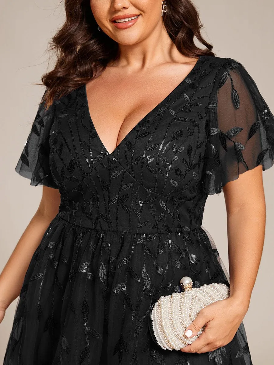 Gentle Coco | Plus Size Sparkly A-Line Midi Tulle Formal Wedding Guest Dress with Leaf Sequin