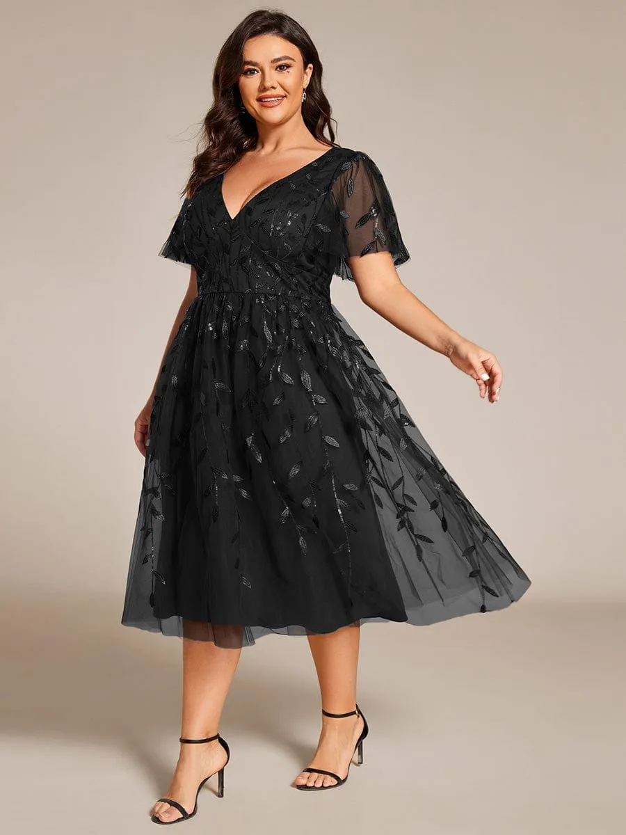 Gentle Coco | Plus Size Sparkly A-Line Midi Tulle Formal Wedding Guest Dress with Leaf Sequin