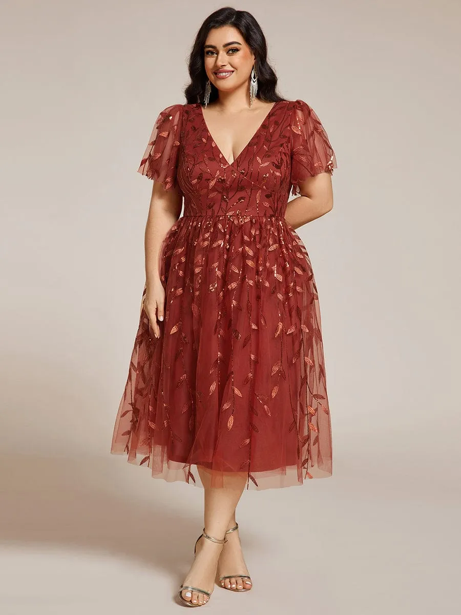 Gentle Coco | Plus Size Sparkly A-Line Midi Tulle Formal Wedding Guest Dress with Leaf Sequin