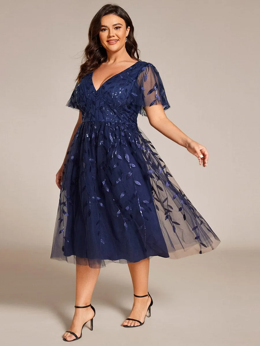 Gentle Coco | Plus Size Sparkly A-Line Midi Tulle Formal Wedding Guest Dress with Leaf Sequin