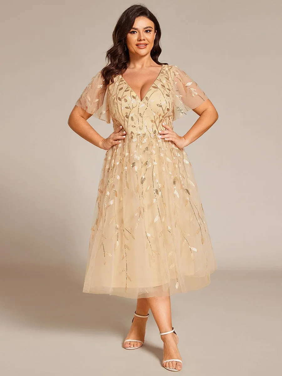 Gentle Coco | Plus Size Sparkly A-Line Midi Tulle Formal Wedding Guest Dress with Leaf Sequin