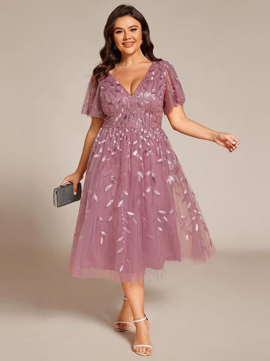 Gentle Coco | Plus Size Sparkly A-Line Midi Tulle Formal Wedding Guest Dress with Leaf Sequin