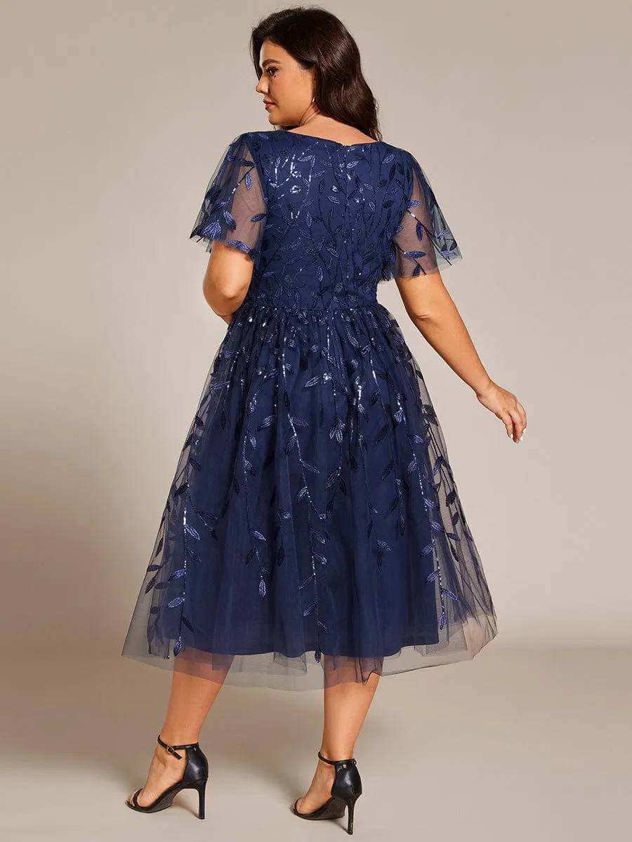 Gentle Coco | Plus Size Sparkly A-Line Midi Tulle Formal Wedding Guest Dress with Leaf Sequin