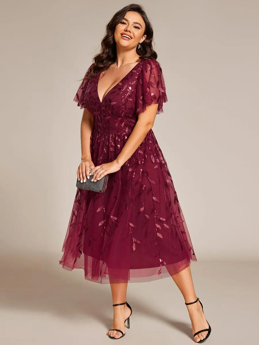 Gentle Coco | Plus Size Sparkly A-Line Midi Tulle Formal Wedding Guest Dress with Leaf Sequin