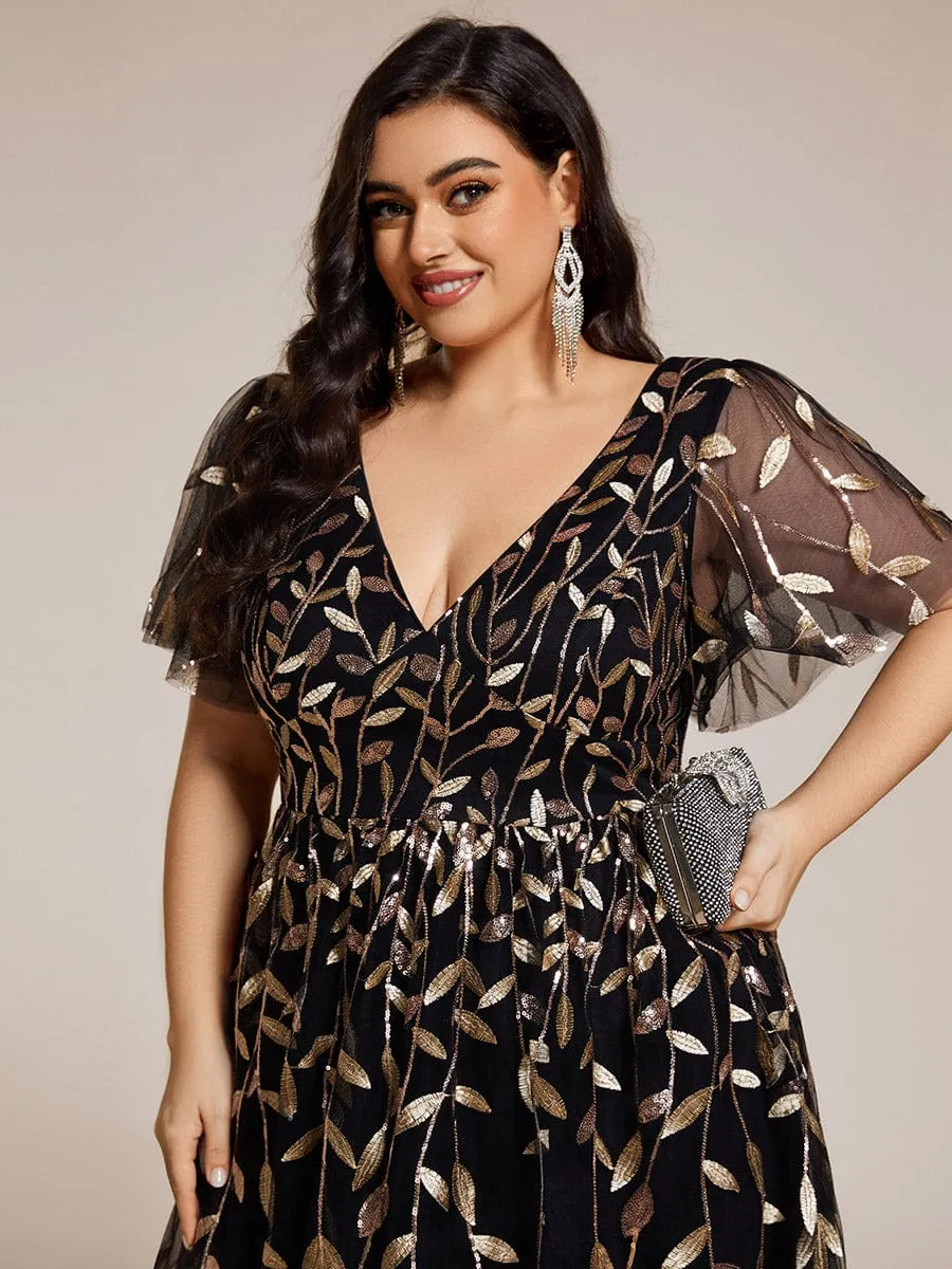 Gentle Coco | Plus Size Sparkly A-Line Midi Tulle Formal Wedding Guest Dress with Leaf Sequin